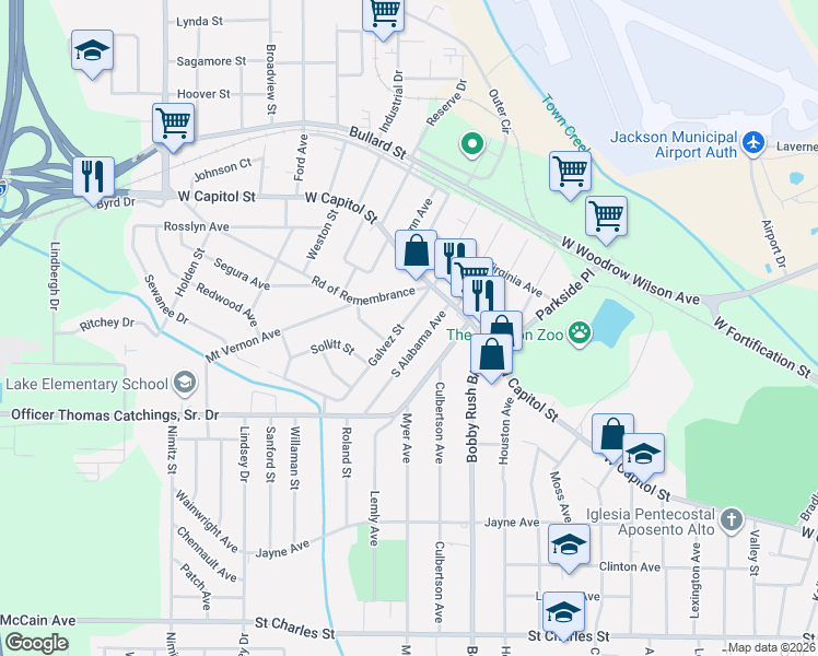 map of restaurants, bars, coffee shops, grocery stores, and more near 146 South Alabama Avenue in Jackson