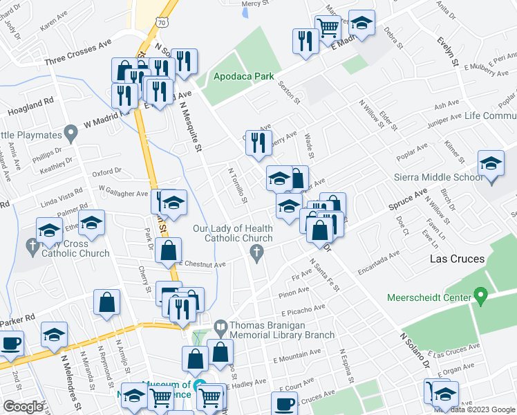 map of restaurants, bars, coffee shops, grocery stores, and more near 1350 N Tornillo St in Las Cruces