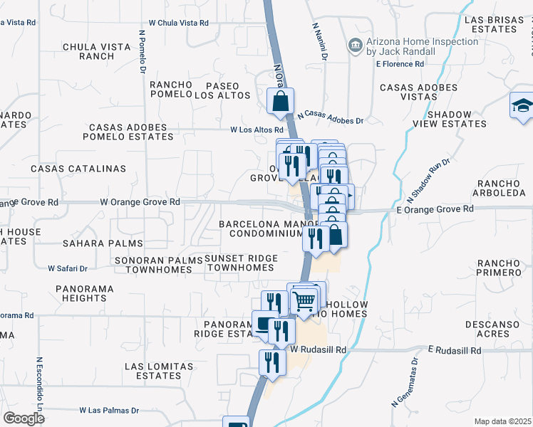 map of restaurants, bars, coffee shops, grocery stores, and more near 6352 North Barcelona Lane in Tucson