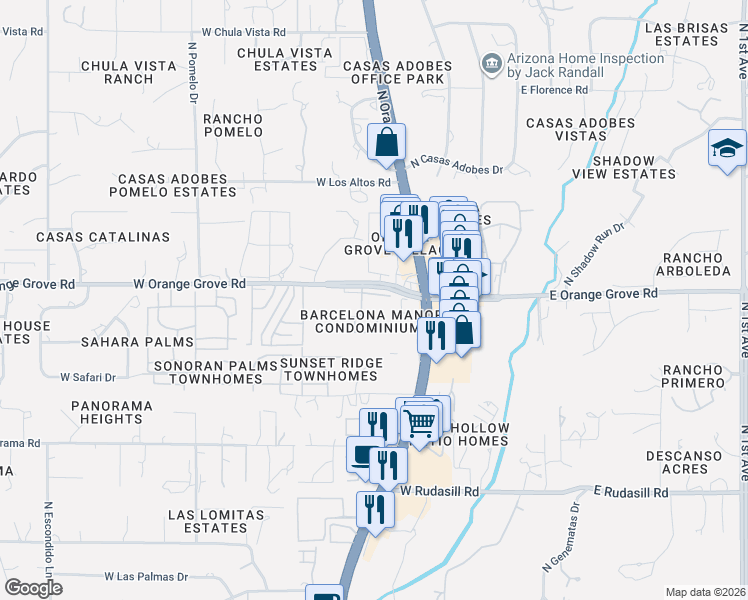 map of restaurants, bars, coffee shops, grocery stores, and more near 461 West Yucca Court in Tucson