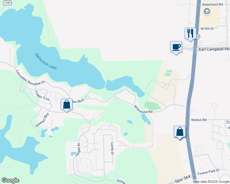 map of restaurants, bars, coffee shops, grocery stores, and more near 3351 Cascades Court in Tyler