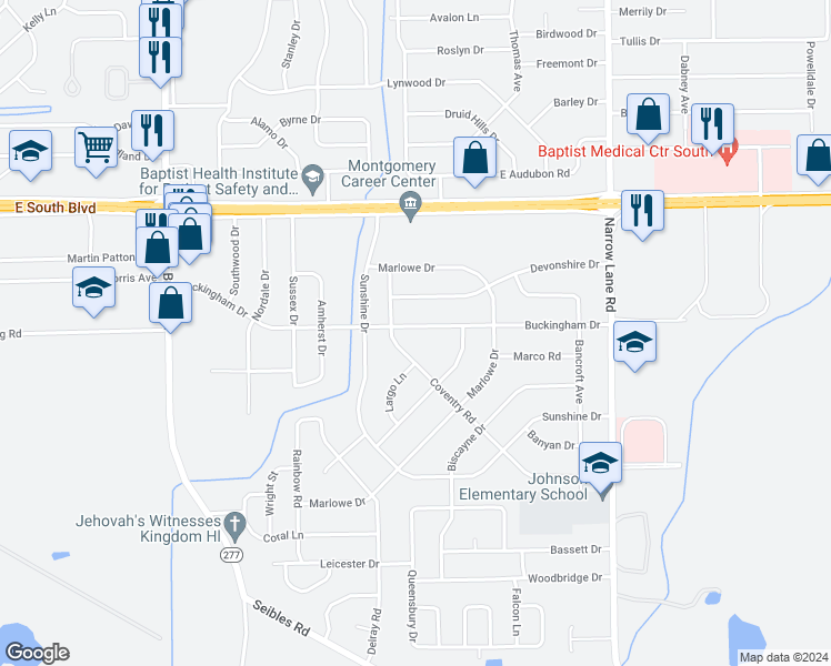 map of restaurants, bars, coffee shops, grocery stores, and more near 1112 Buckingham Drive in Montgomery