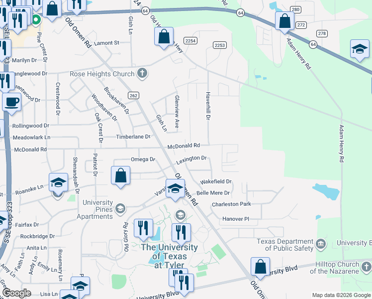 map of restaurants, bars, coffee shops, grocery stores, and more near 3809 Lexington Drive in Tyler