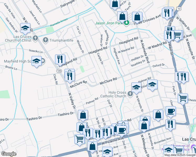 map of restaurants, bars, coffee shops, grocery stores, and more near 711 Sombrero Court in Las Cruces