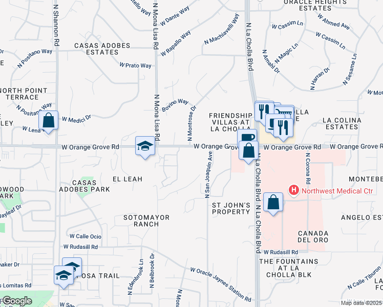 map of restaurants, bars, coffee shops, grocery stores, and more near 2365 West Orange Grove Road in Tucson