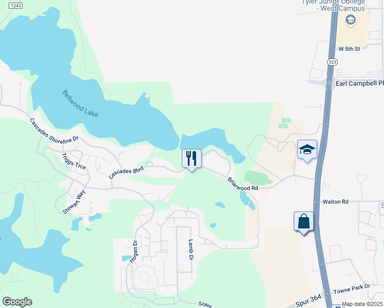 map of restaurants, bars, coffee shops, grocery stores, and more near 3367 Cascades Boulevard in Tyler