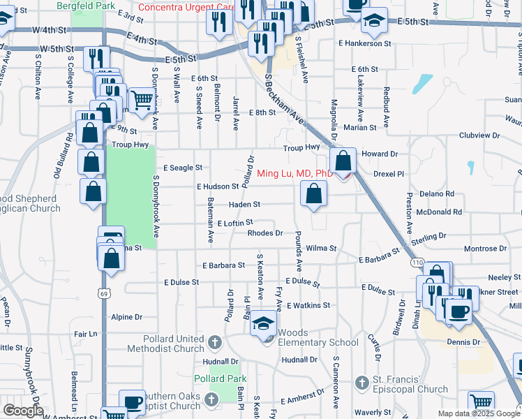 map of restaurants, bars, coffee shops, grocery stores, and more near 920 East Loftin Street in Tyler