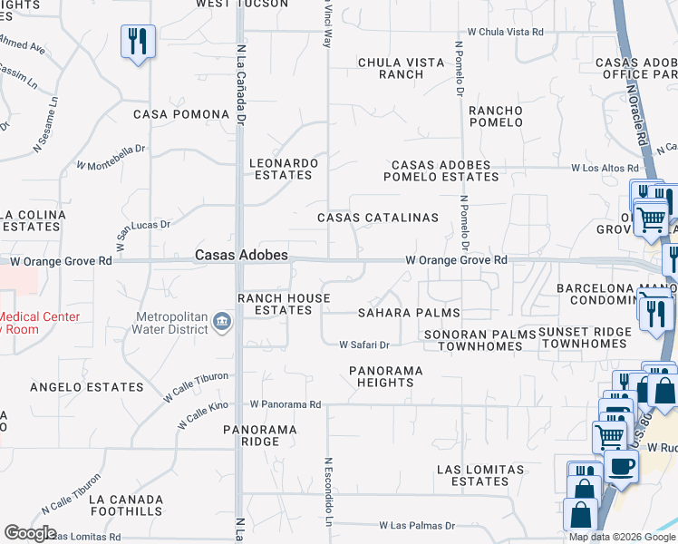 map of restaurants, bars, coffee shops, grocery stores, and more near 6318 North Caravan Lane in Tucson