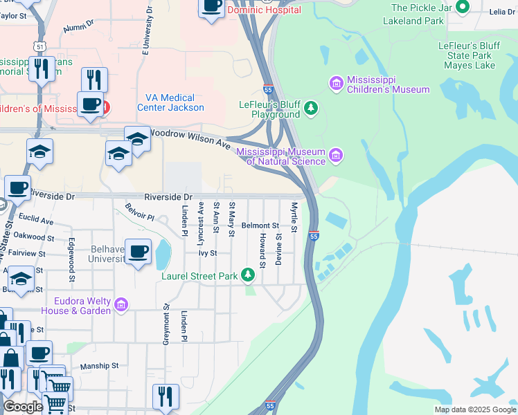 map of restaurants, bars, coffee shops, grocery stores, and more near 1803 Howard Street in Jackson