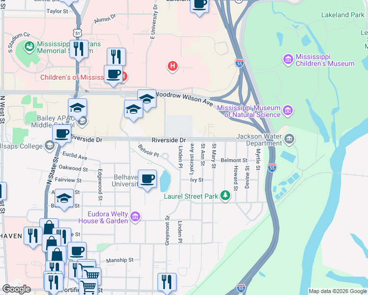 map of restaurants, bars, coffee shops, grocery stores, and more near 1806 Linden Place in Jackson