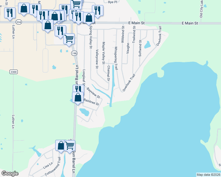 map of restaurants, bars, coffee shops, grocery stores, and more near 105 Whispering Point Drive in Gun Barrel City