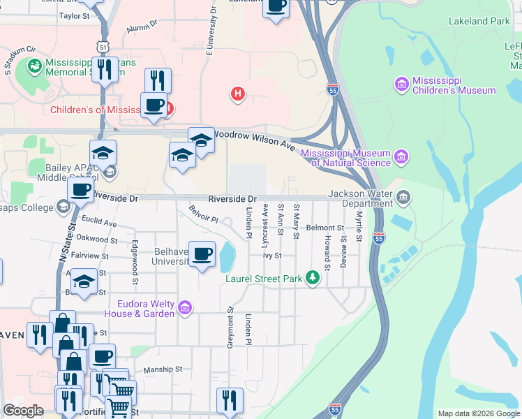 map of restaurants, bars, coffee shops, grocery stores, and more near 1806 Linden Place in Jackson