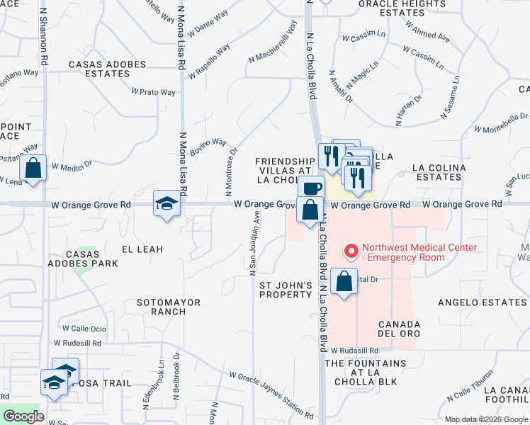 map of restaurants, bars, coffee shops, grocery stores, and more near 2255 West Orange Grove Road in Tucson