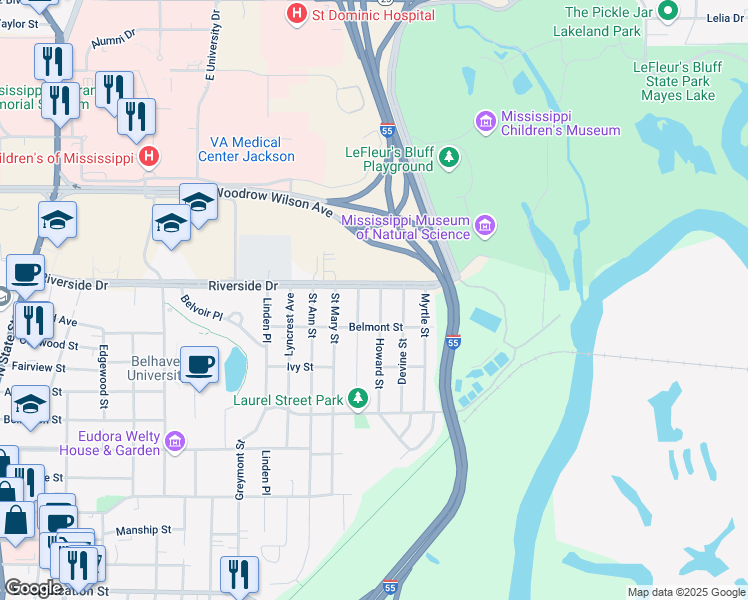 map of restaurants, bars, coffee shops, grocery stores, and more near 1803 Howard Street in Jackson