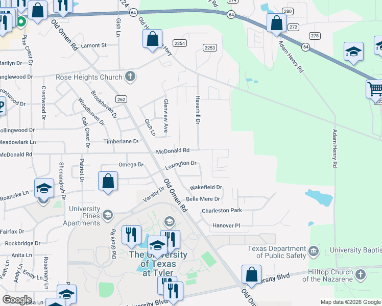 map of restaurants, bars, coffee shops, grocery stores, and more near 3829 Lexington Drive in Tyler