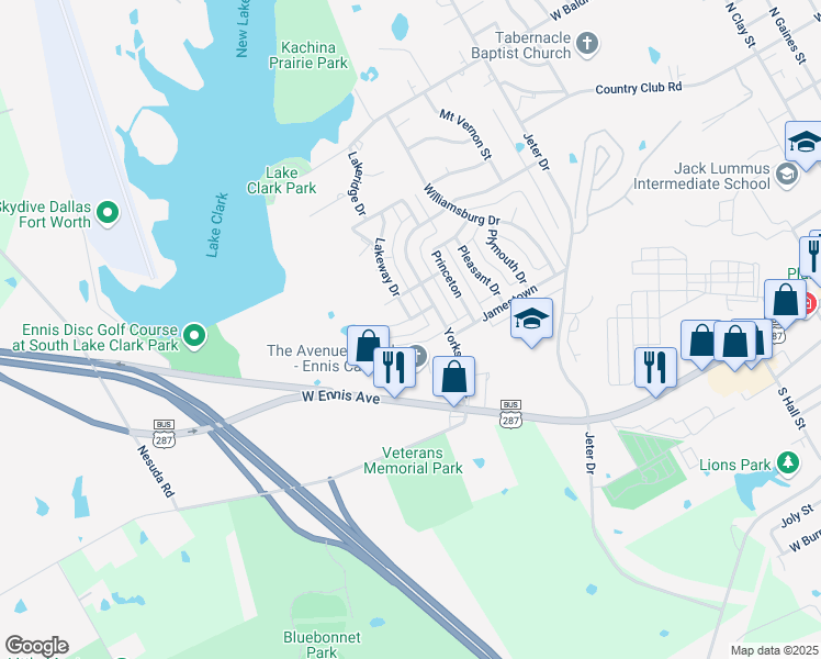 map of restaurants, bars, coffee shops, grocery stores, and more near 805 Lakeway Drive in Ennis