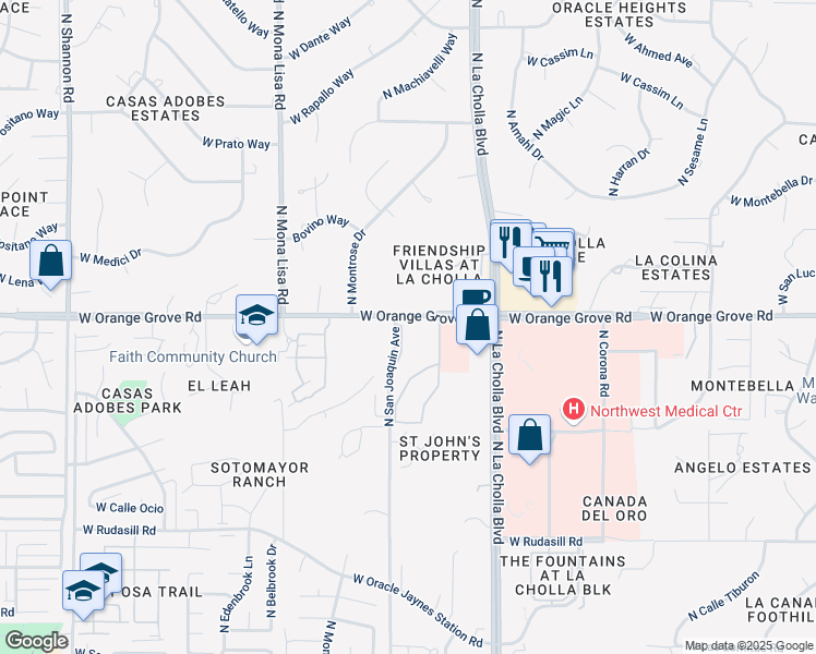 map of restaurants, bars, coffee shops, grocery stores, and more near 2260 West Orange Grove Road in Tucson