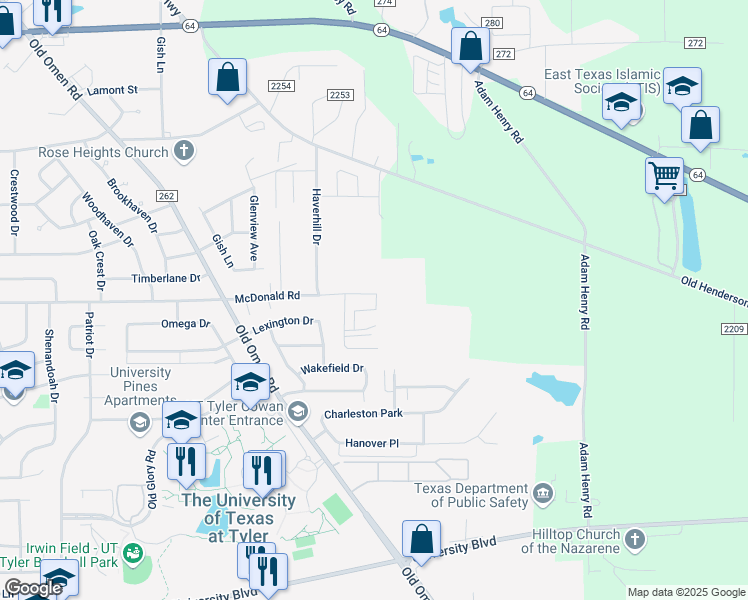 map of restaurants, bars, coffee shops, grocery stores, and more near 3989 McDonald Road in Tyler