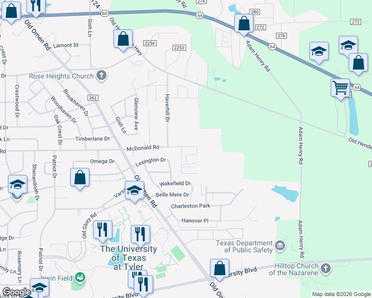 map of restaurants, bars, coffee shops, grocery stores, and more near 3961 McDonald Road in Tyler