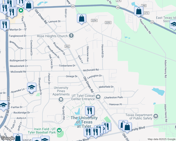 map of restaurants, bars, coffee shops, grocery stores, and more near 3611 McDonald Road in Tyler