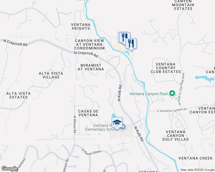 map of restaurants, bars, coffee shops, grocery stores, and more near 6365 North Ventana View Place in Tucson