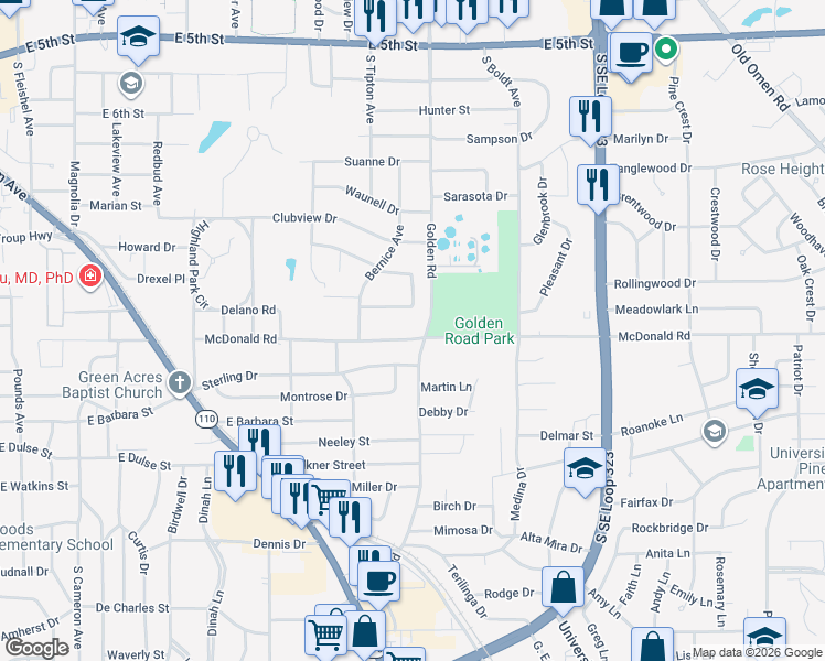 map of restaurants, bars, coffee shops, grocery stores, and more near 2107 Bernice Avenue in Tyler