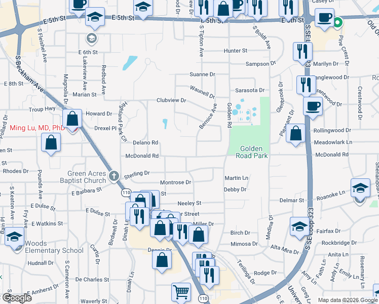 map of restaurants, bars, coffee shops, grocery stores, and more near 2102 Bernice Avenue in Tyler
