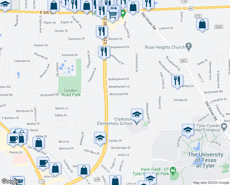map of restaurants, bars, coffee shops, grocery stores, and more near 2728 McDonald Road in Tyler
