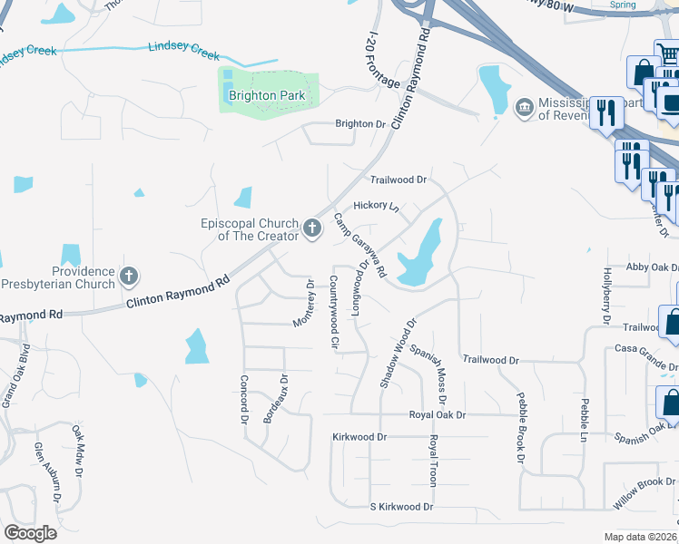 map of restaurants, bars, coffee shops, grocery stores, and more near 137 Countrywood Circle in Clinton