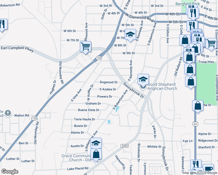 map of restaurants, bars, coffee shops, grocery stores, and more near 1117 South Azalea Drive in Tyler