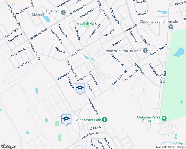 map of restaurants, bars, coffee shops, grocery stores, and more near 1203 Stonelake Drive in Cleburne