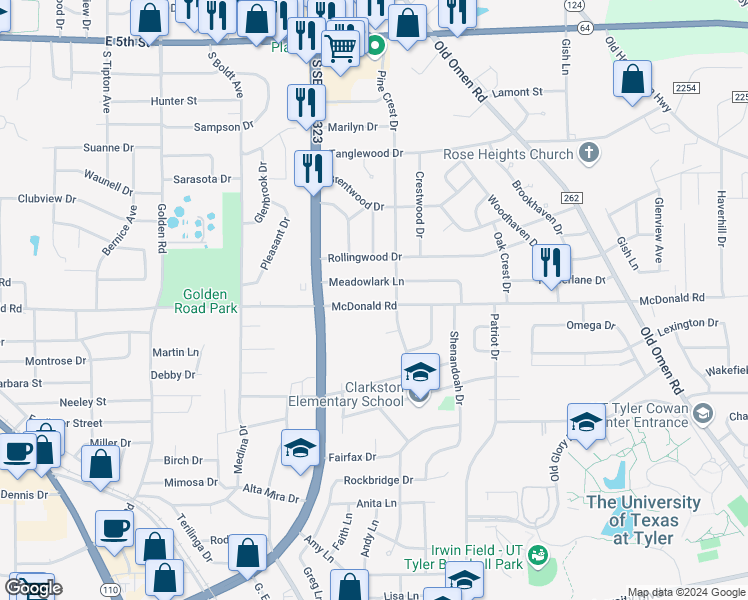 map of restaurants, bars, coffee shops, grocery stores, and more near 2812 McDonald Road in Tyler
