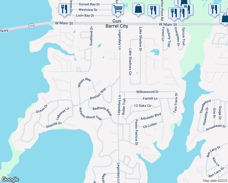 map of restaurants, bars, coffee shops, grocery stores, and more near 301 Legendary Lane in Gun Barrel City