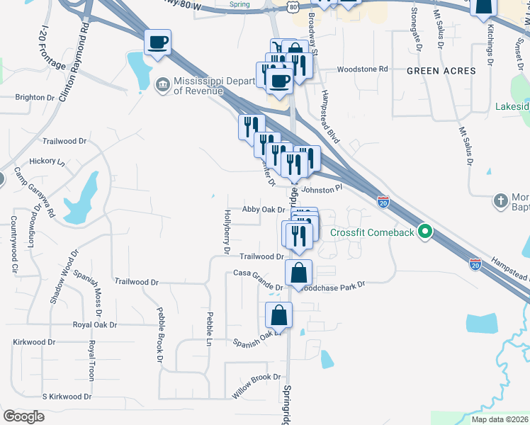map of restaurants, bars, coffee shops, grocery stores, and more near 101 Abby Oak Drive in Clinton