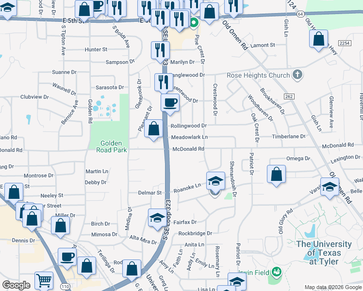 map of restaurants, bars, coffee shops, grocery stores, and more near 2716 Meadowlark Lane in Tyler