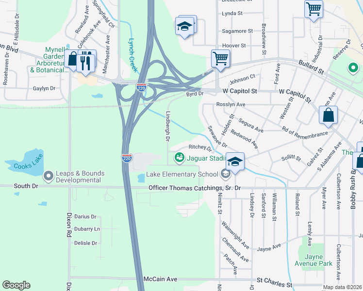 map of restaurants, bars, coffee shops, grocery stores, and more near 4564 Ritchey Drive in Jackson