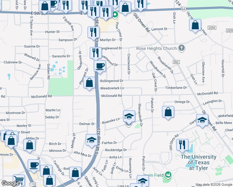 map of restaurants, bars, coffee shops, grocery stores, and more near 2816 McDonald Road in Tyler