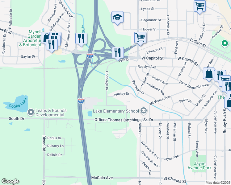 map of restaurants, bars, coffee shops, grocery stores, and more near 4564 Ritchey Drive in Jackson