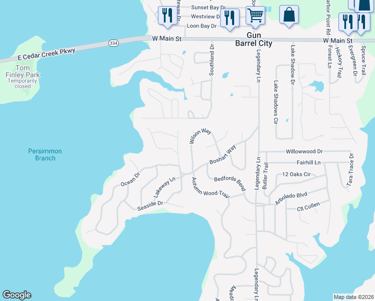 map of restaurants, bars, coffee shops, grocery stores, and more near 130 Wilson Way in Gun Barrel City