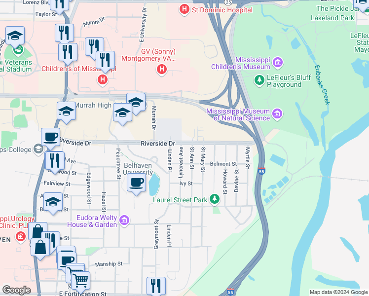 map of restaurants, bars, coffee shops, grocery stores, and more near 1836 Lyncrest Avenue in Jackson