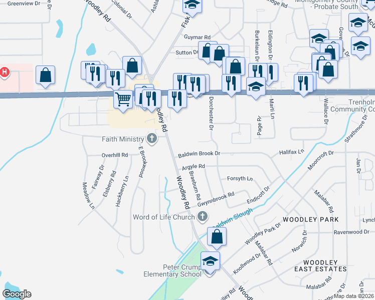 map of restaurants, bars, coffee shops, grocery stores, and more near 2621 Baldwin Brook Drive in Montgomery