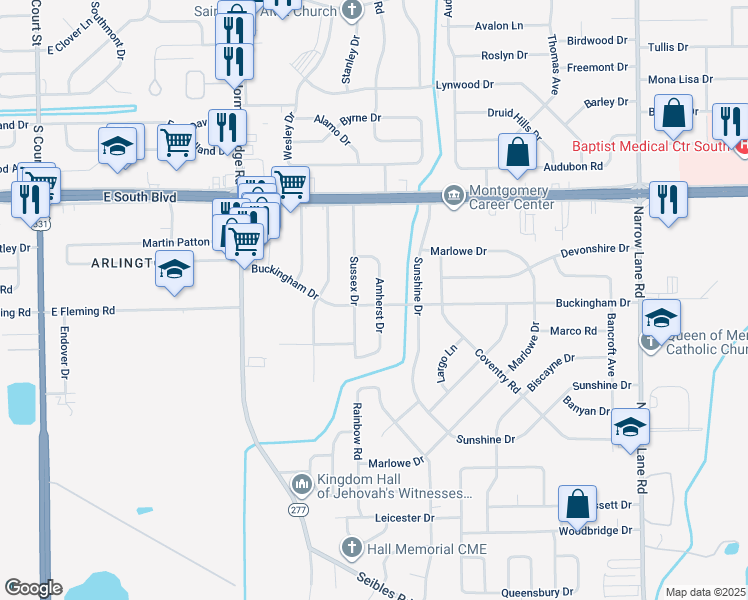 map of restaurants, bars, coffee shops, grocery stores, and more near 4270 Amherst Drive in Montgomery