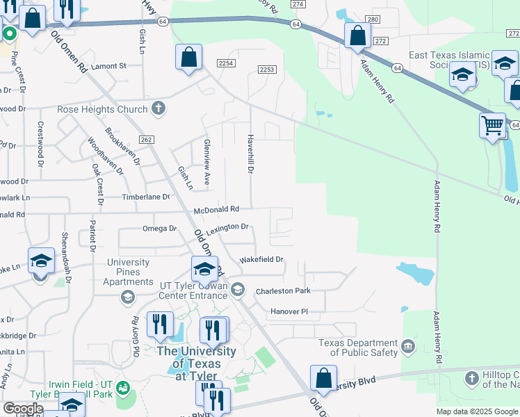 map of restaurants, bars, coffee shops, grocery stores, and more near 3922 McDonald Road in Tyler