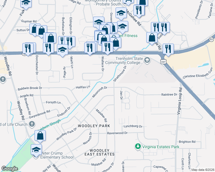 map of restaurants, bars, coffee shops, grocery stores, and more near 2965 Moorcroft Drive in Montgomery