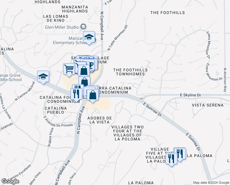 map of restaurants, bars, coffee shops, grocery stores, and more near 6414 North Tierra De Las Catalinas in Tucson