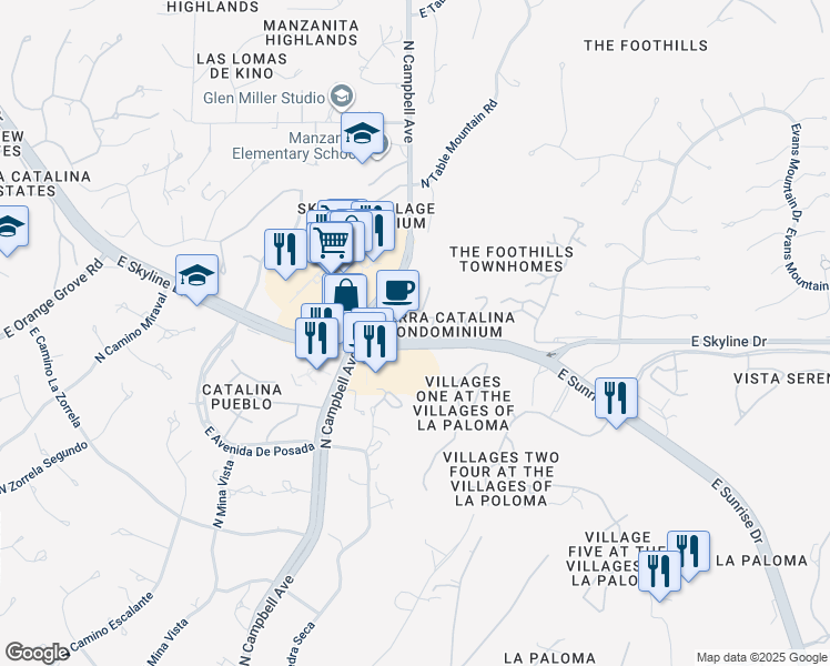 map of restaurants, bars, coffee shops, grocery stores, and more near 6445 North Tierra De Las Catalinas in Tucson