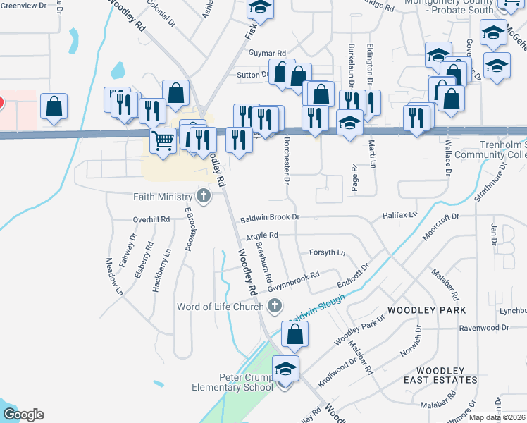 map of restaurants, bars, coffee shops, grocery stores, and more near 2621 Baldwin Brook Drive in Montgomery