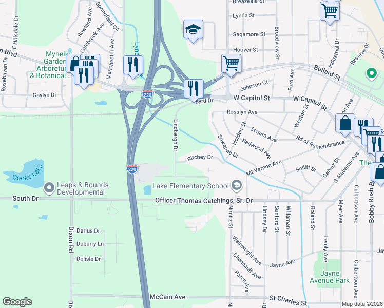 map of restaurants, bars, coffee shops, grocery stores, and more near 4564 Ritchey Drive in Jackson