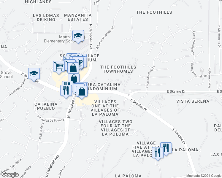 map of restaurants, bars, coffee shops, grocery stores, and more near 3210 East Calle De La Punta in Tucson