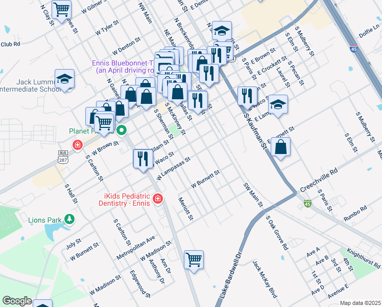 map of restaurants, bars, coffee shops, grocery stores, and more near 501 South McKinney Street in Ennis